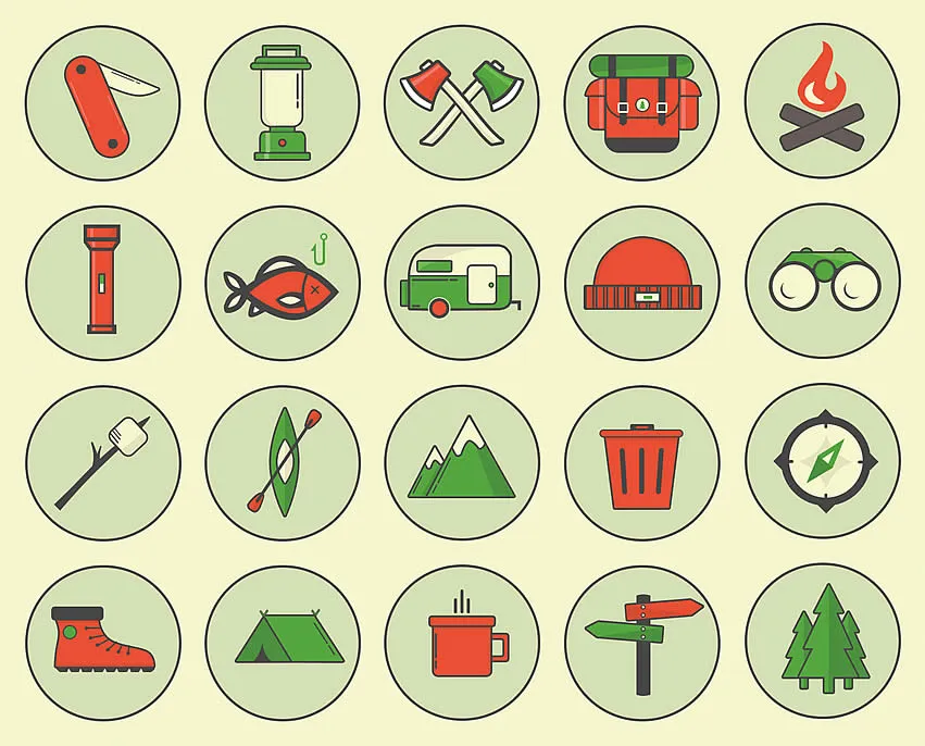 Camping outdoor icons by Jason Kendall