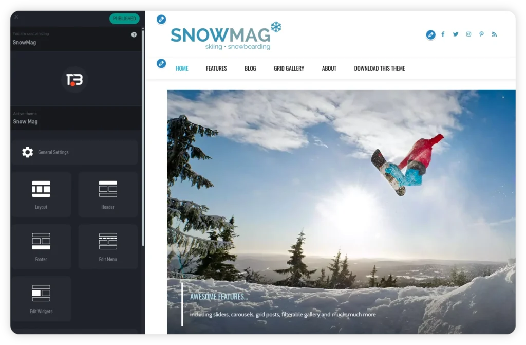 Wordpress theme for skiing snowmag customiser preview